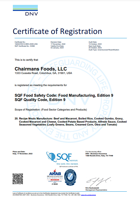 Chairmans Foods Llc Columbus Ga Sqf Certificate