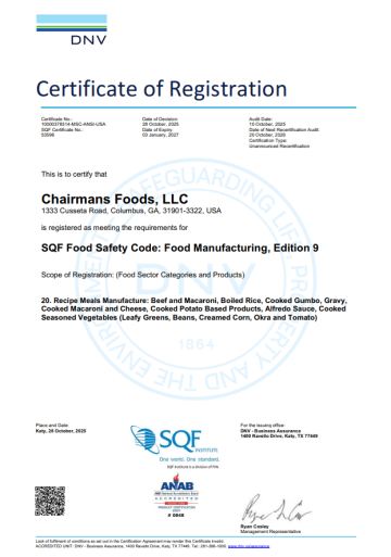 DNV certificate confirming Chairmans Foods, LLCs SQF compliance in food manufacturing standards.