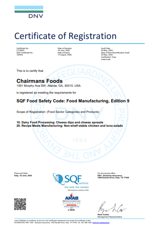 Chairman Foods SQF Certification verifies food safety standards in dairy and recipe meals manufacturing.