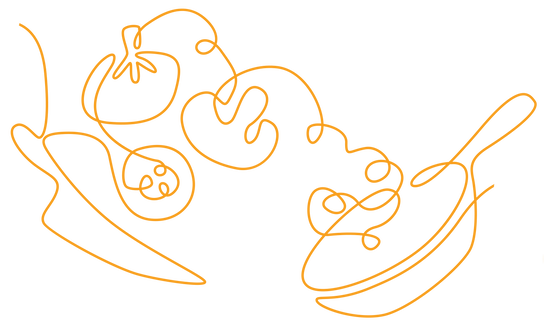 Playful orange line drawing of tomatoes and pasta in a frying pan, celebrating cooking.